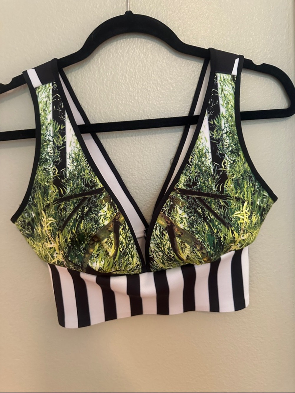Clover Canyon Green Leaf-Print Sports Bra with Black Accents